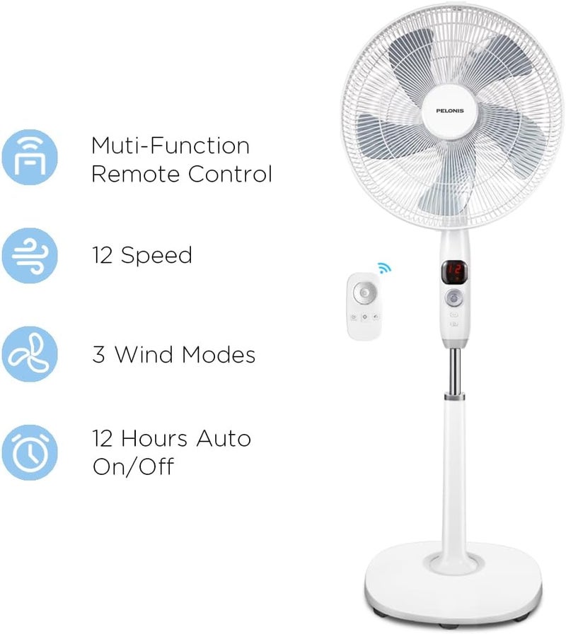 PELONIS 16" Oscillating Pedestal Fan | Standing Adjustable Fan | Ultra Quiet DC Motor | Remote Control | 3 Modes | 12-Hour Timer | High Energy Efficiency | for Bedroom Home Office - Image 2